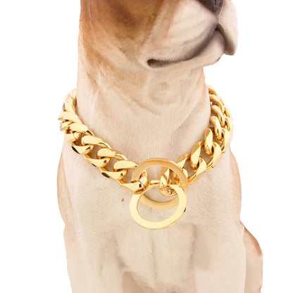 Strong Choke Chain Dog Collar Luxury 15MM 18K Gold Stainless Steel Cuban Link Metal Necklace for Small Medium Large Dogs Pitbull