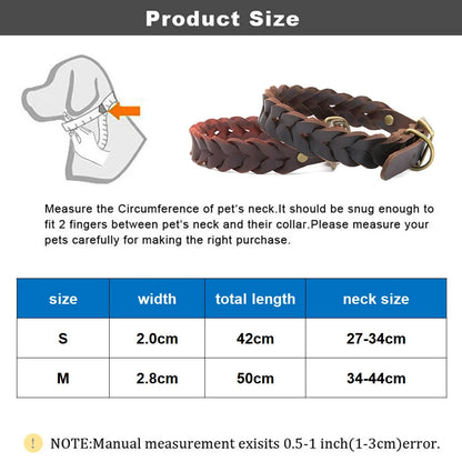 Soft Genuine Leather Braided Dog Collar Adjustable Brown Leather Dog Collar Strong and Durable for Pet Puppy Pug French Bulldog
