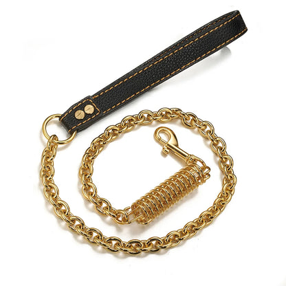 Stainless Steel Dog Chain Leash Cuban Link Luxury Gold Chain Buffer Spring Labor-Saving Genuine Leather Handle for Large Dogs