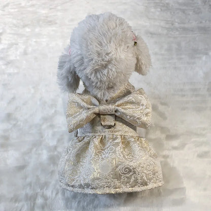 Luxury Embroidery Tulle Dog Dress for Small Medium Dogs Cats, Gold Pet Dress with Bowknot Chihuahua Pomeranian Summer Clothes