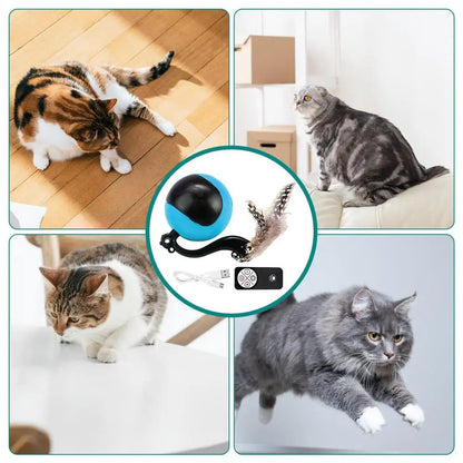 Smart Ball Cat Toy Cat Power Ball with Feather Tails Moving Cat Toy with LED Light and Sound Kitten Exercise Hunting Toys