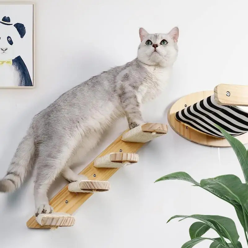 Wall Mounted Cat Climbing Shelves Cat Hammock with Ladder and Scratching Post Wooden Platform Pet Furniture for Kitten Playing