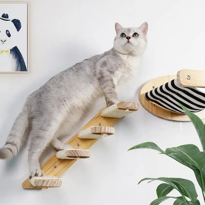 Wall Mounted Cat Climbing Shelves Cat Hammock with Ladder and Scratching Post Wooden Platform Pet Furniture for Kitten Playing