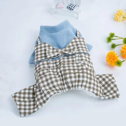 Winter Dog Clothes Bowknot Plaid Coat Thicken Jacket Pets Gentleman Outfits Warm Clothes Bowknot Jumpsuit Jacket Outfit Clothing
