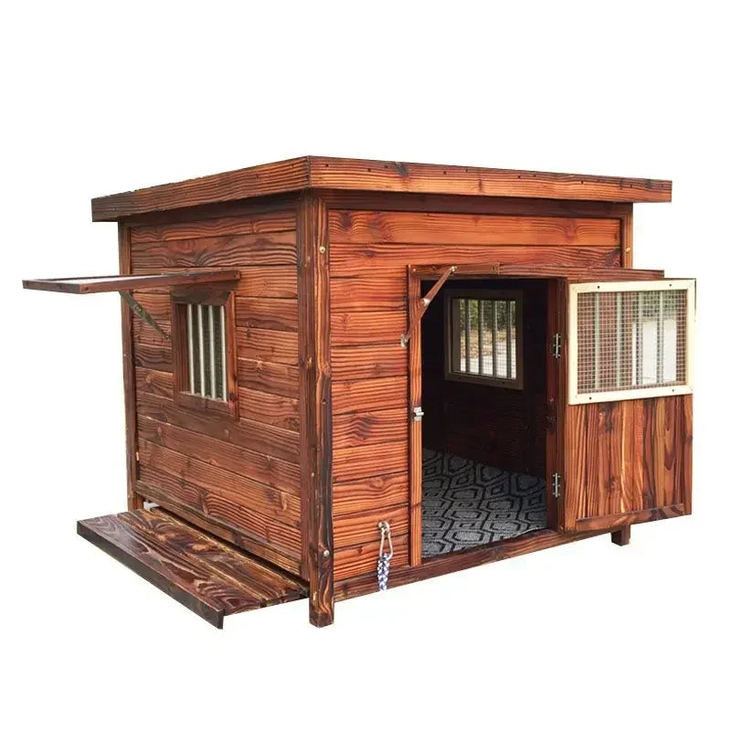 Large new solid wood kennel outdoor waterproof dog house with mat and cold-proof pet dog cage carbonized golden retriever woo