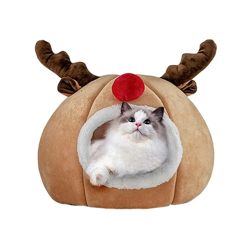 Christmas Winter Cat Cave Bed Dog Tent Christmas Reindeer Tent Washable Removable Cushion for Indoor Small Dogs And Cats