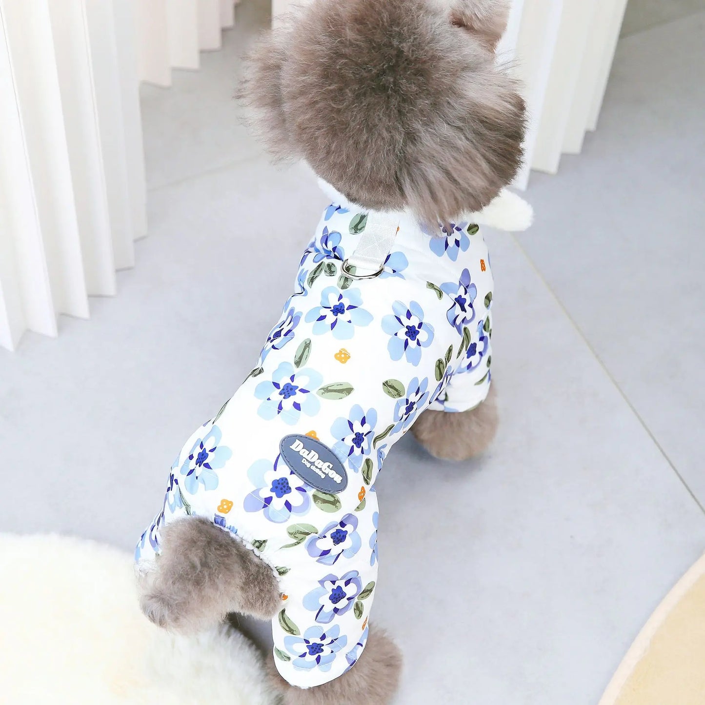 Thicken Warm Padded Dog Jumpsuit for Small Dogs, Chinese Style Floral Pattern Pet Costume Sherpa Lined Dog Winter Clothes