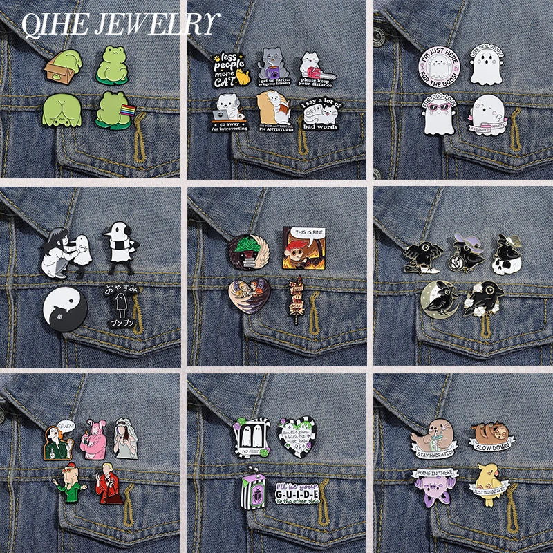 Funny Animal Sets Enamel Pins Cartoon Anime Figure Ghost Spooky Cute Cat Bird Brooches Backpack Lapel Badge Punk Jewelry Gifts