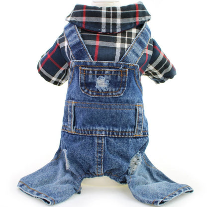 Black Dog Denim Jumpsuit Plaid Shirt Overalls for Dogs, Spring Clothes for Small Dogs Puppy Yorkie Jeans Jacket Pet Apparel