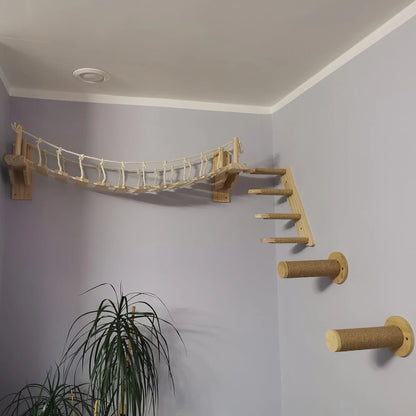Wall Mounted Cat Bridge Cat Hammock with Wood Stairway or Scratching Post for Cats Perch and Playing Cat Indoor Playground