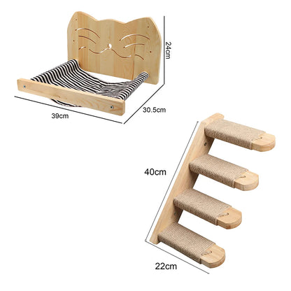 Cat Tree Cat Wall Mounted Climbing Wooden Shelves Posts Ladders with Hammock and Cat House Cat Bridge for Kittens Perch Sleeping