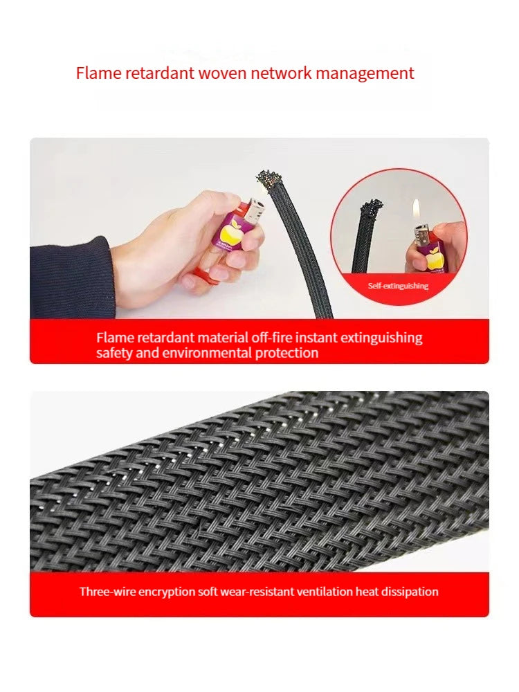 PET Elastic Woven Wire Mesh Black Encrypted Flame Retardant Woven Wire Mesh Nylon Computer Wire Mesh Tube Telescopic Sleeve 5m