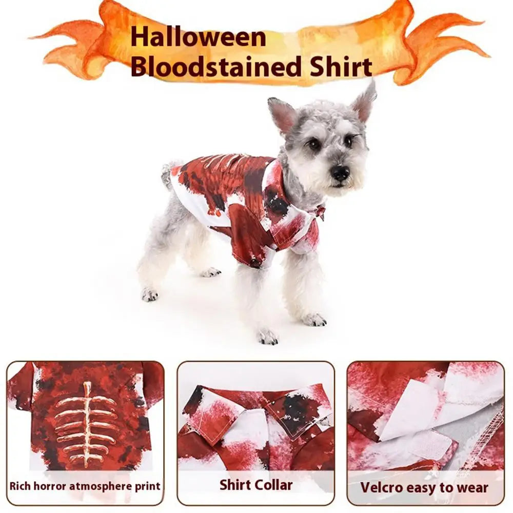 Cat Halloween Costumes Spooky Pet Blood Shirt Printed Pet Dog Clothes Bloody Skeleton Clothes Dress up for Small Medium Large