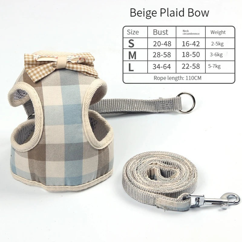 Dog Harness with Bow Plaid Cat Harness Adjustable Length Pet Harness with Dog Leash Four Colors Dog Harness and Leash Set