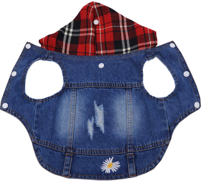 Sleeveless Denim Dog Jacket - Dark Wash, Puppy Hooded Jeans Coat Spring Summer Dog Clothes for Small Medium Dogs Bulldog Yorkie
