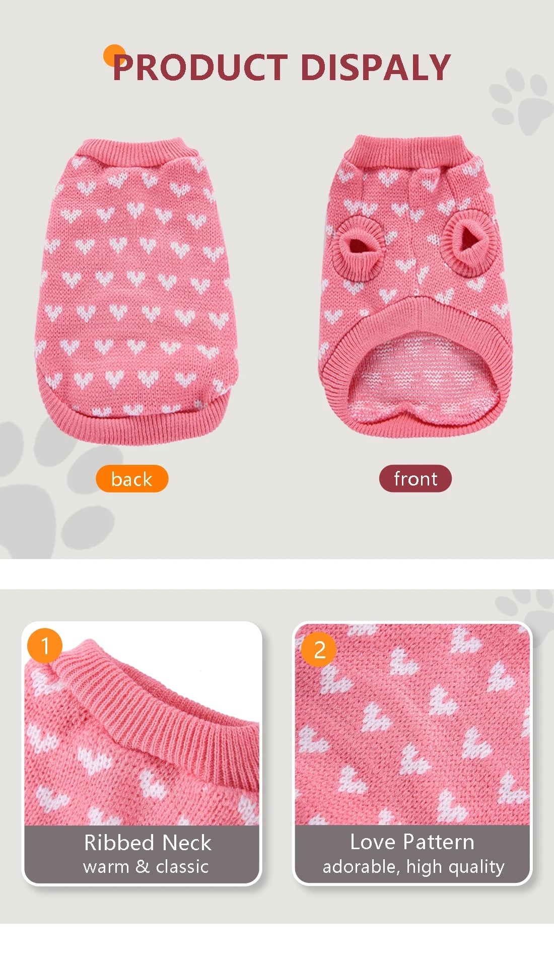 Winter Warm Pet Sweater with Heart Pattern for Small and Medium Dogs and Cats - Cute and Cozy Pet Clothes for Cold Weather