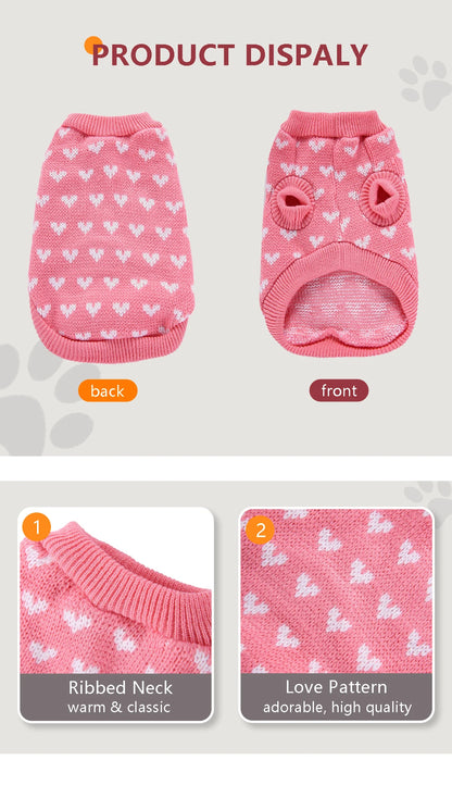Winter Warm Pet Sweater with Heart Pattern for Small and Medium Dogs and Cats - Cute and Cozy Pet Clothes for Cold Weather