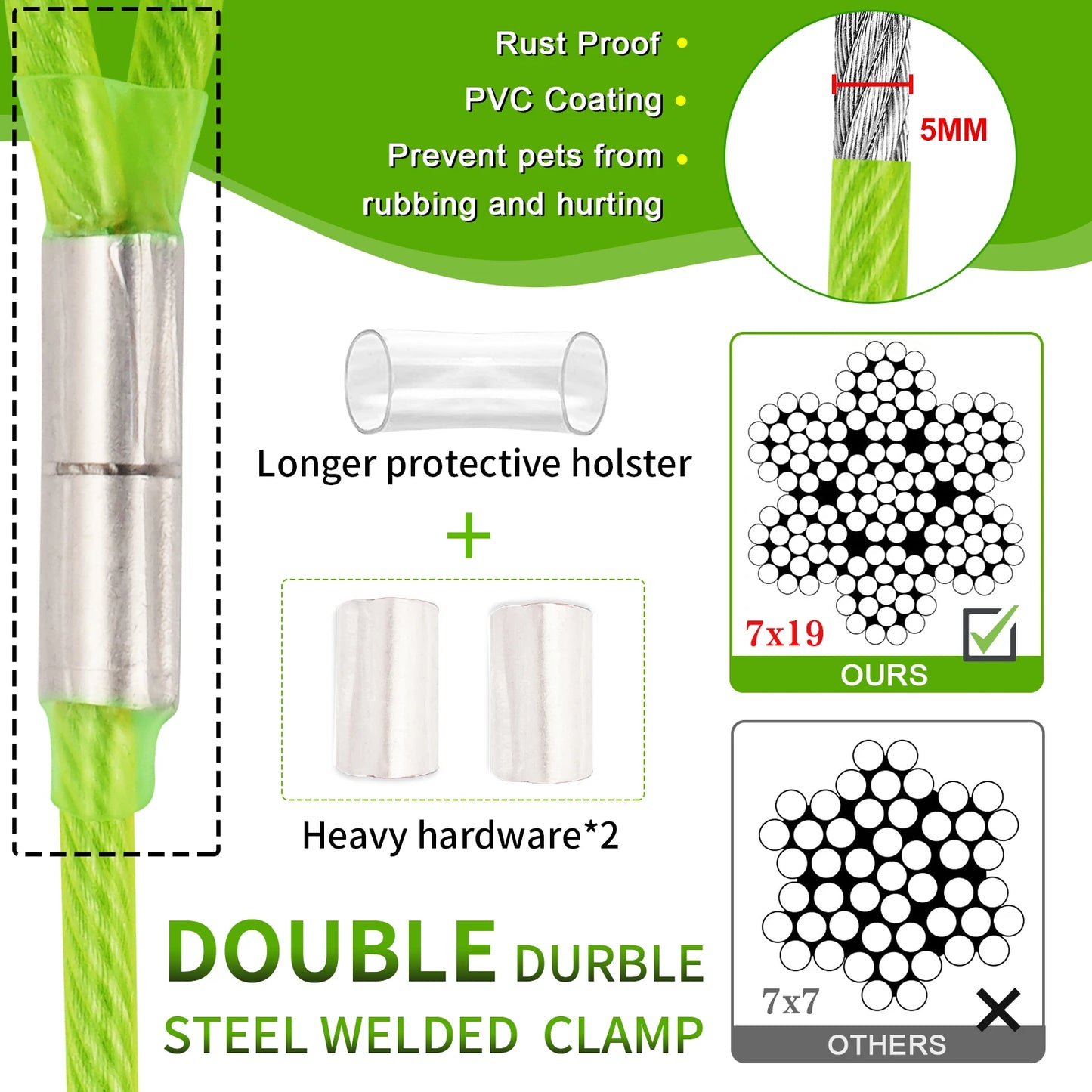 Steel Wire Dog Tie Out Cable, Dog Runner for Yard, Durable Superior Clips, Silver Dog Chains