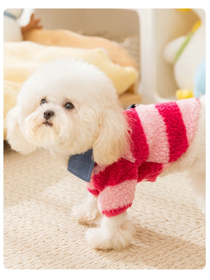 Velvet Warm Pet Cat Sweatshirts Chihuahua Half Sleeve Denim Collar Designer Striped Puppy Winter Clothes Soft Overalls for Yorks