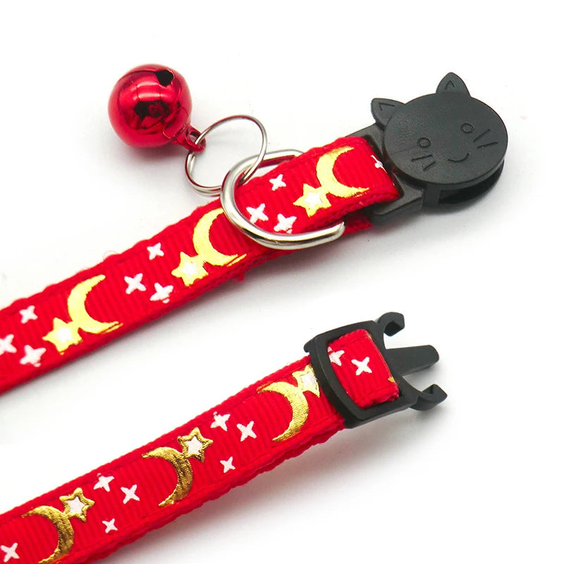 Gold Stars and Moon Cat Collar with Reflective Safety Buckle and Bell