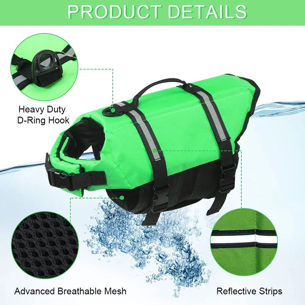 Dog Life Jacket with Reflective Stripe Adjustable High Flotation Dog Life Vest Ripstop Dog Lifesaver Pet Life Preserver Swimsuit