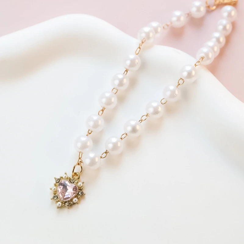 Pearl Chain Accessories for Cats Zircon Heart Pet Products Small Medium Puppy Neck Wear Wedding Birthday Gift Pet Dog Collar
