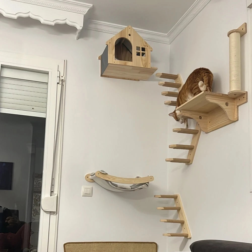 Cat Tree Wall Mounted Wooden Climbing Frame Cat House Cat Bridge Scratching Post and Ladder Wall Playground for Kitten Play Rest