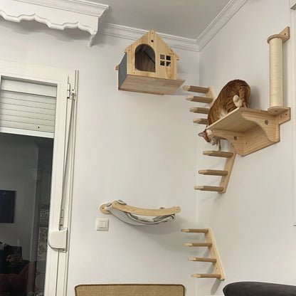 Cat Tree Wall Mounted Wooden Climbing Frame Cat House Cat Bridge Scratching Post and Ladder Wall Playground for Kitten Play Rest