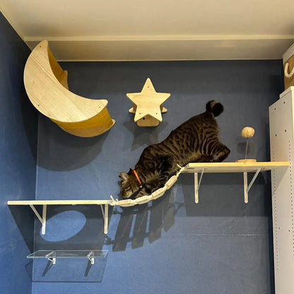 Wall Mounted Cat Bridge Cat Hammock with Wood Stairway or Scratching Post for Cats Perch and Playing Cat Indoor Playground
