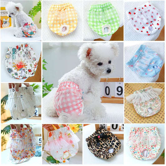 Floral Pet Dog Physiological Pants Cute Plaid Dress Lace Female Teddy Yorkshire Cats Shorts Breathable Cotton Small Dog Clothes