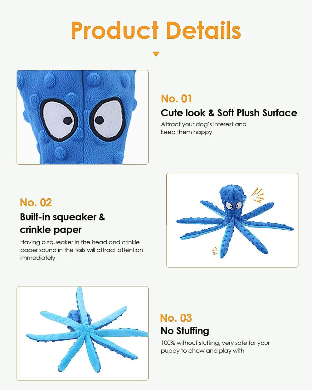 Squeaky Dog Toy Octopus Toy for Aggressive Chewers Tough No Stuffing Plush Crinkle Interactive Pet Toys for Puppy and Large Dogs