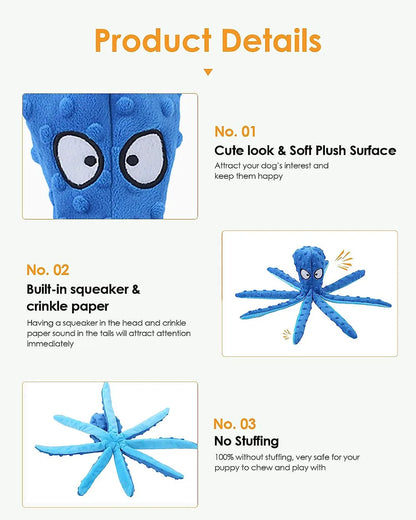 Squeaky Dog Toy Octopus Toy for Aggressive Chewers Tough No Stuffing Plush Crinkle Interactive Pet Toys for Puppy and Large Dogs