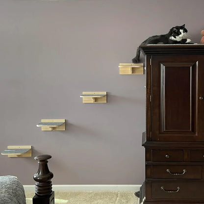 Cat Wall Mounted Shelf Furniture Wooden Cat Bed and Scratcher Post with Climbing Ladder Widen Steps for Kitten Play and Rest