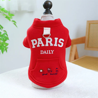 Embroidery Paris Pet Cat Sweatshirt for French Bulldog Warm Fleece Small Medium Dog Clothing New Year Winter Red Puppy Overalls