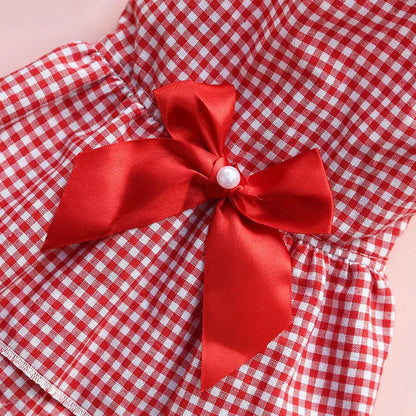 Bow Tie Decorate Dog Fancy Dress Stripes and Lattice Pink Pet Skirt Sleeveless Girl Wedding Party Pet Skirt Clothing for Cats