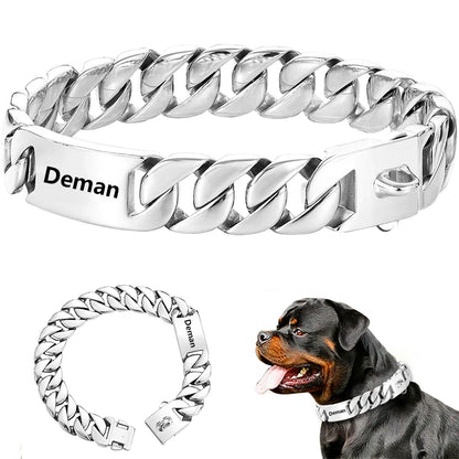Big Dog Chain Collar Free engraving Personalized 32mm wide Stainless Steel Metal Cuban link Chew Proof Pet Collars For large dog