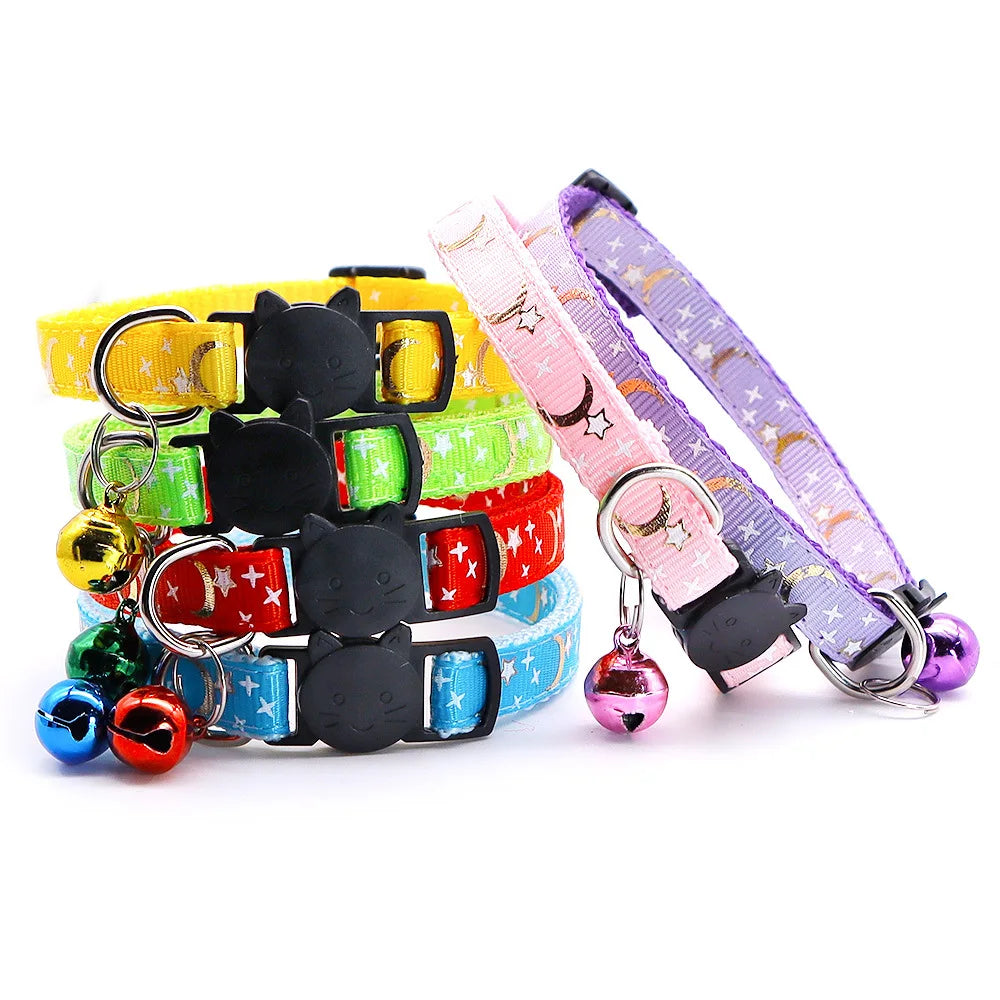 Gold Stars and Moon Cat Collar with Reflective Safety Buckle and Bell