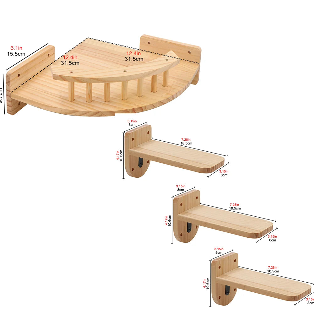 Cat Wall Mounted Solid Wooden Furniture Climbing Ladder and Cat Hammock with Scratching Post for Activity Indoor Cats Perches