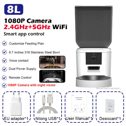 8L Automatic Cat Feeder With 1080p Camera Video WiFi Cat Food Dispenser Pet Smart Voice Recorder Remote Control Pet Auto Feeder