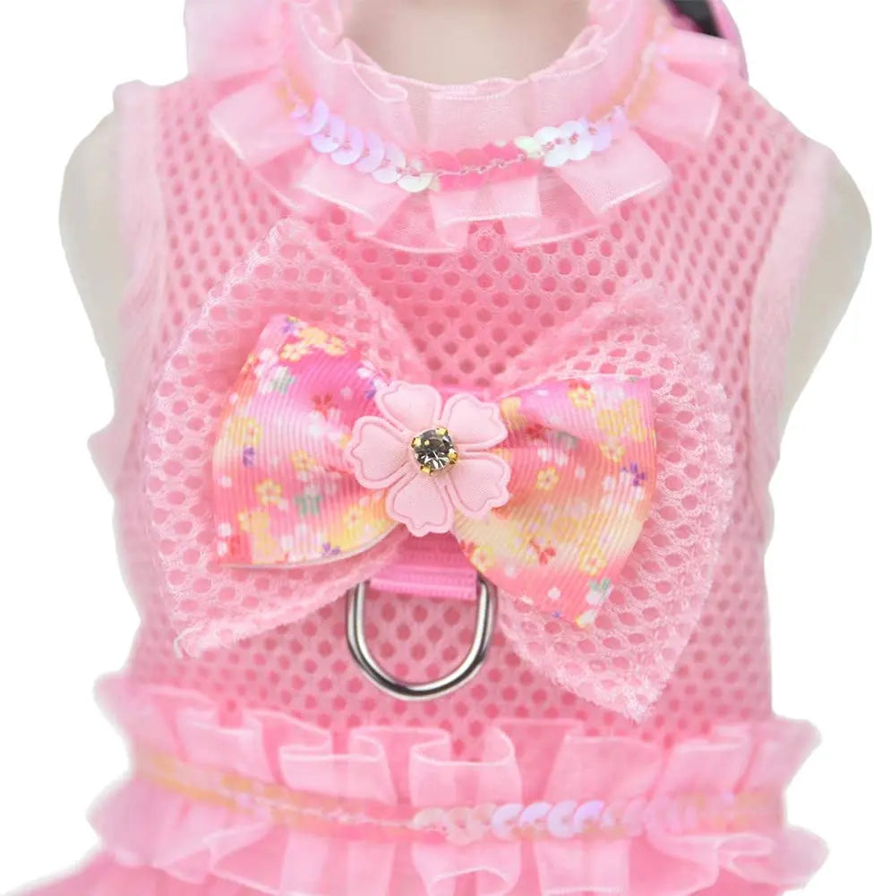 Dog Bow Dress Harness Leash Set for Small Medium Dogs Breathable Mesh Pet Tulle Skirt with Sequins Luxury Design Dog Clothes