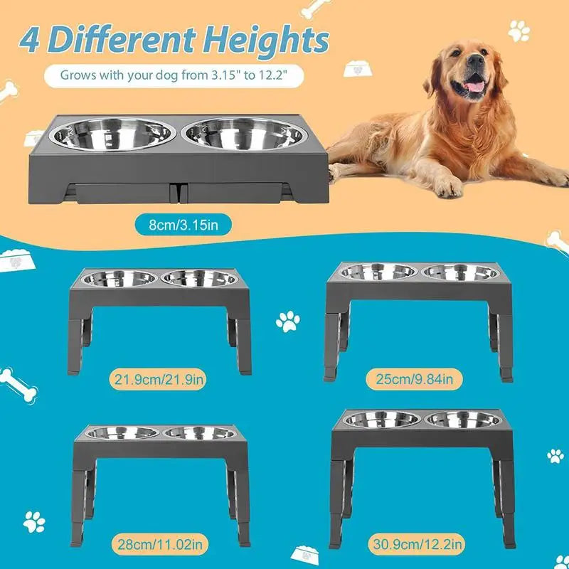 Elevated Stainless Steel Pet Feeding Bowls Height Adjustable Dog Bowl with Stand Cat Bowls Food Water Set with Two Bowls