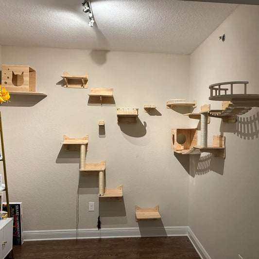 Wall Mounted Wooden Cat Bridge Cat Jumping Platform with Pedals Cat Climbing Ladder Cat Hammock for Kitten Playing and Resting