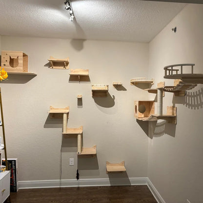 Wall Mounted Wooden Cat Bridge Cat Jumping Platform with Pedals Cat Climbing Ladder Cat Hammock for Kitten Playing and Resting