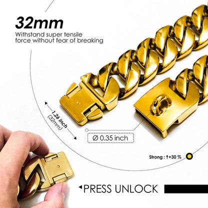 Strong 32mm Wide Gold Dog Chain Collars  Heavy Stainless Steel Dogs Choker Pitbull Gold Dog Necklace For Large Huge Dogs
