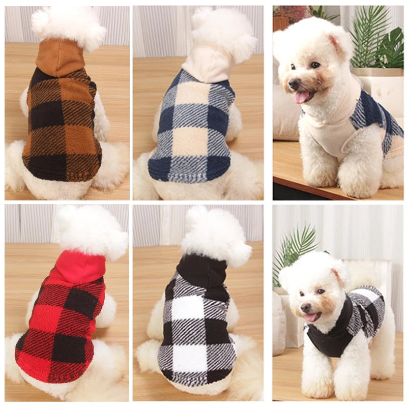 Plaid Dog Hoodie Christmas Pet Clothes Fleece Sweater with Leash Hole for Small Medium Dogs, Soft Winter Warm Dog Sweatshirt