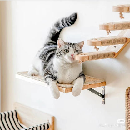 Cat Tree Wall Mounted Climbing Shelves Wooden Hammock with Ladder and Cat Bridge for Cat Perch Sleeping Pet Indoor Playground