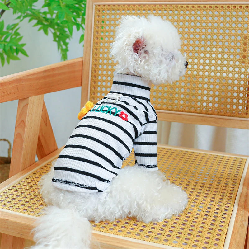 Knitting Flower Pet Dog Clothes Striped High Collar Cat Sweatshirt Autumn Winter Bottom Coat Chihuahua T Shirts for Small Dogs