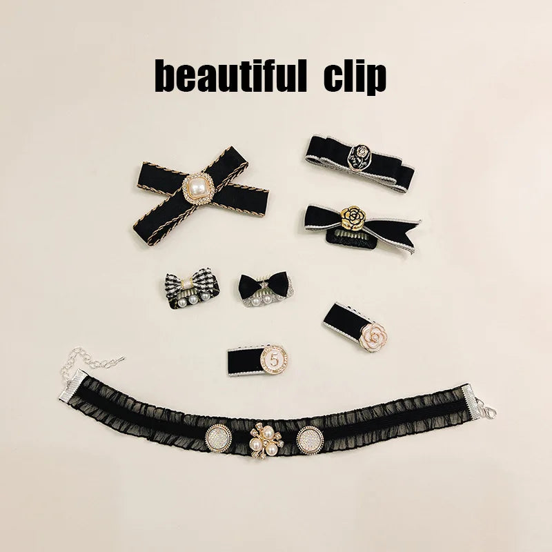 Elegant Black Chihuahua Dog Accessories Pearl Floral Party Hairpins for Kittens Long Hair Wear Bow Tie Necklace Pet Products