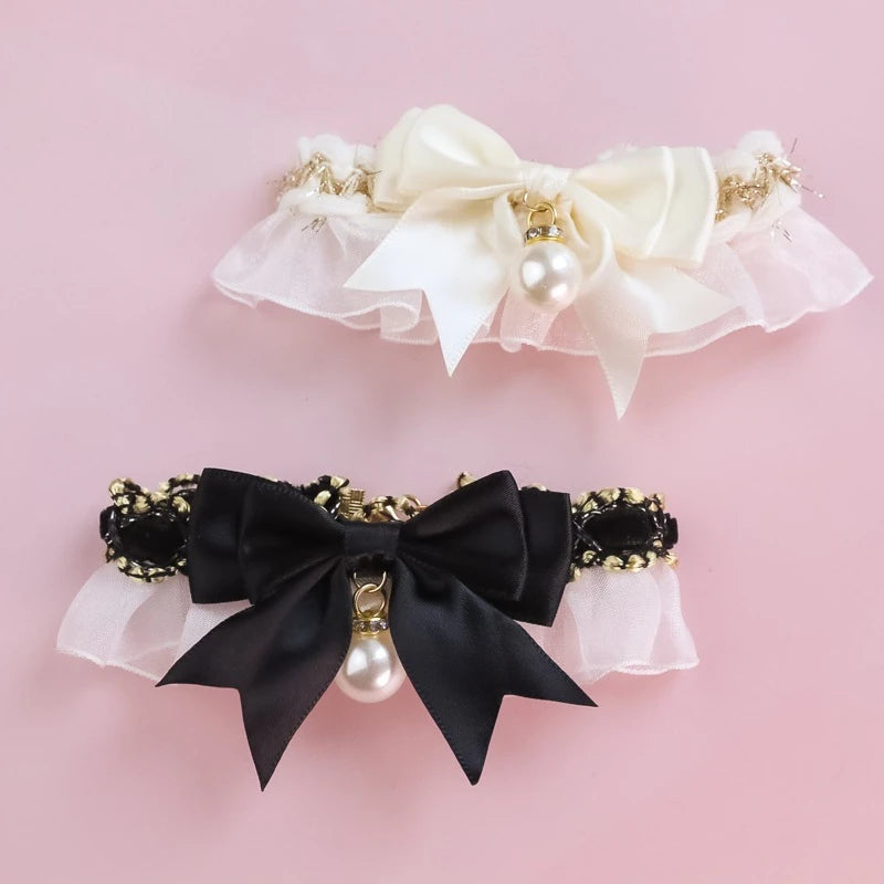 Romantic Summer Dog Collar Bow Tie Pearl Lace Party Cat Necklace for Small Puppy Luxury Designer Chihuahua Pet Neck Accessories
