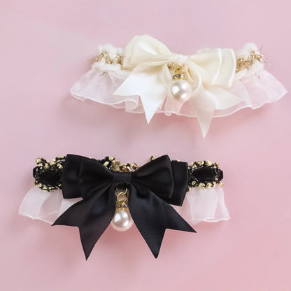 Romantic Summer Dog Collar Bow Tie Pearl Lace Party Cat Necklace for Small Puppy Luxury Designer Chihuahua Pet Neck Accessories